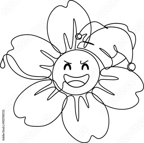 Single continuous line drawing of an angry yet smiling cartoon flower wearing a jester hat, showcasing playful mischief and expressive character in simple outline art.