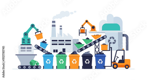 Automated Waste Recycling Plant: Industrial Sorting and Management Process with Robotic Arms, Conveyors, and Recycling Bins for Sustainable Environmental Protection