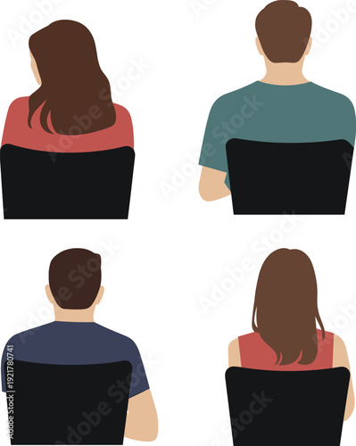 Back view of people sitting in chairs set including men and women students or office employees isolated on white background for audience design
