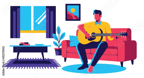 Man playing guitar on couch in a cozy living room setting illustration