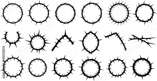 Barbed Wire Circle Collection Vector Illustration with Thorny Round Frames and Sharp Spikes Isolated on White Background for Security Design