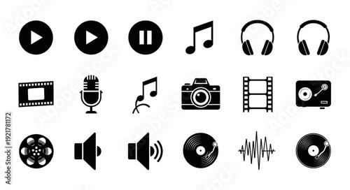 Collection of black media and music icons on white background.