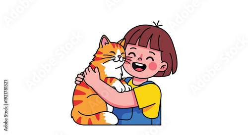 Happy young girl cuddling and hugging her adorable orange cat tightly in her arms