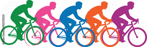 Colorful cycling team silhouette illustration, group bicycle riders racing together, sport fitness concept, teamwork motion design isolated on white background