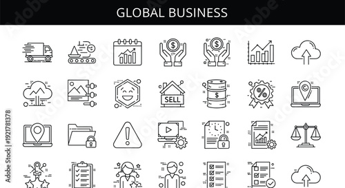 Global business line icon set featuring financial growth logistics shipping cloud computing real estate marketing security and corporate management vector symbols