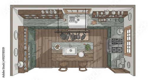 Vintage Kitchen Interior Illustration.