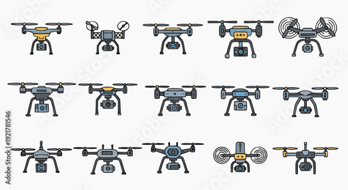 Collection of various drone illustrations showcasing different models and designs from multiple viewpoints in a clean environment