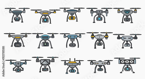 Collection of various drone designs displayed from a top-down viewpoint