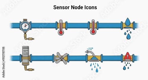 Industrial pipeline system with sensor node icons and valve controls in a technical illustration