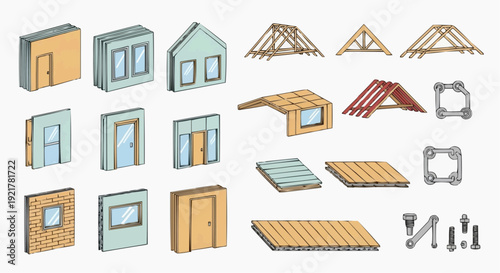 Collection of architectural elements including houses, doors, windows, roofs, and construction materials in various styles and designs