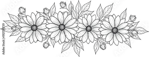 Hand Drawn Floral Border With Blooming Flowers And Leaves Black And White Vector Illustration