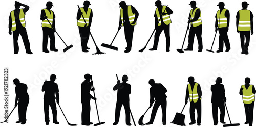 Street cleaning workers silhouette set, municipal sanitation staff with tools, safety vest laborers, black vector illustration isolated on white background