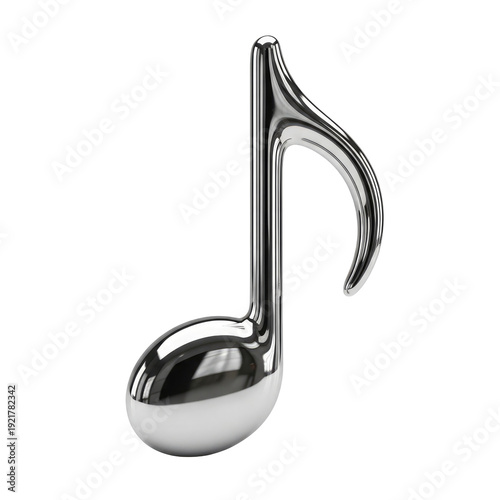 Gleaming silver eighth note musical symbol with reflections isolated on a transparent background