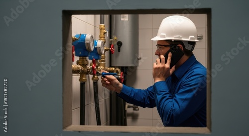 Professional Technician Adjusting Water Pipes and Communicating on Smartphone, Symbolizing Efficient Service and Remote Support in Modern Maintenance.