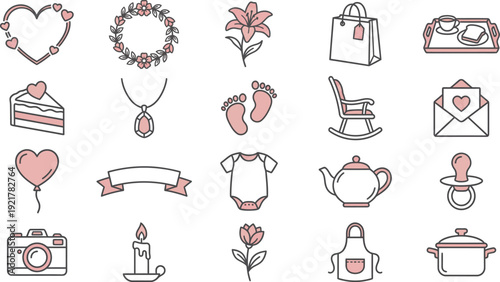 A charming collection of cute pink line art icons for various themes and occasions.