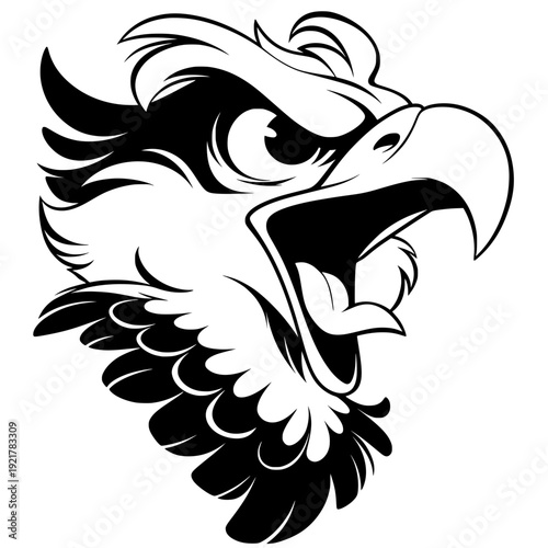 black and white eagle head portrait silhouette illustration with fierce eye and beak scream, strong wildlife predator raptor symbol isolated on white background in modern minimal design.