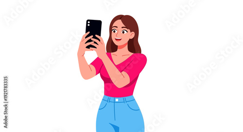 Happy Young Woman Taking Selfie with Smartphone on White Background Illustration