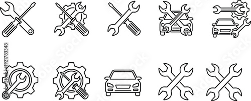 Car service and repair icons set with wrench screwdriver gear vehicle maintenance vector illustration outline flat minimal design