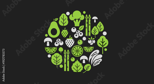 Fresh organic food circle design with vibrant vegetables and fruits, healthy eating concept.