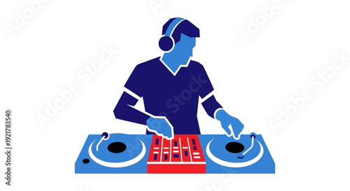 Iconic Silhouette of a DJ Mixing Music on Turntables and Mixer Vector Graphic