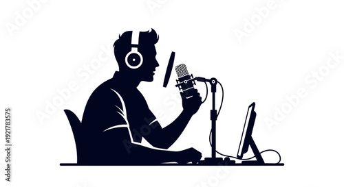 Silhouette of Podcaster or Voiceover Artist Recording Audio with Professional Microphone and Headphones