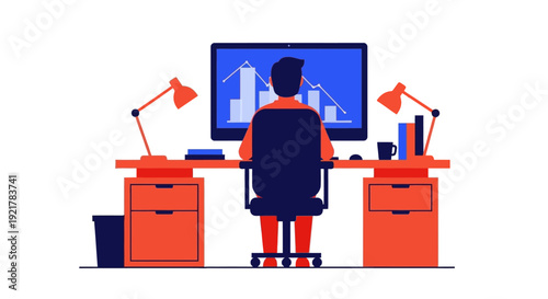 Businessman Analyzing Stock Market Crash Chart on Desktop Computer at Home Office Setup