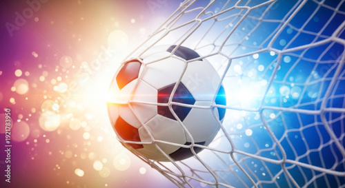 A dynamic image showcasing a soccer ball piercing through a net illuminated by vibrant light