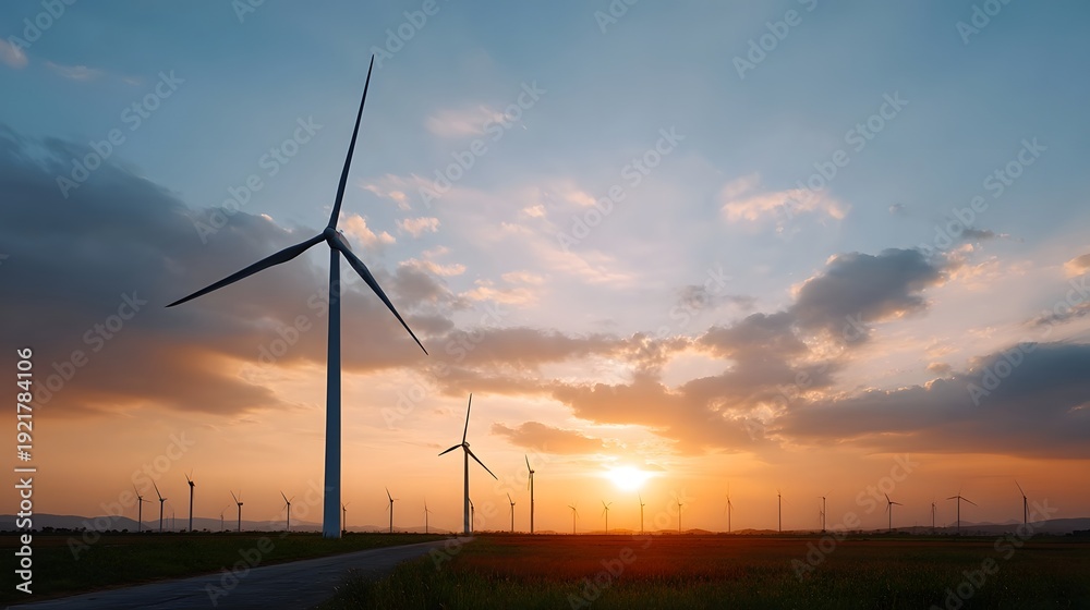 Obraz premium Wind turbines stand tall against a vibrant sunset sky in a vast field representing clean energy