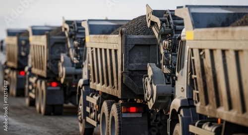 Fleet of Heavy Duty Dump Trucks Hauling Raw Materials on an Industrial Road, Symbolizing Robust Logistics and Infrastructure Development.