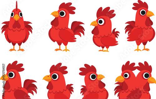 Cute Red Rooster Cartoon Vector Set with Different Poses and Expressions Farm Poultry Character Collection
