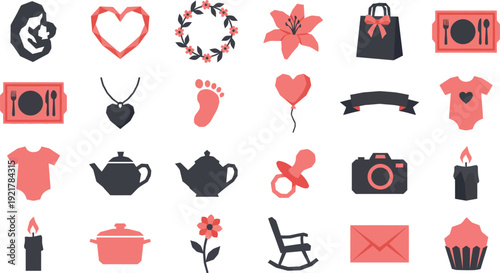 Collection of stylized icons representing motherhood, celebration, and domestic life elements