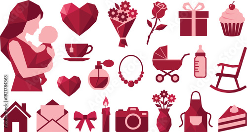 Diverse collection of geometric-style icons illustrating themes of motherhood, family, and home.