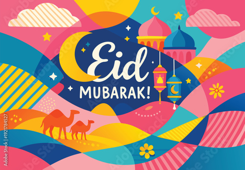 Colorful eid mubarak illustration featuring a crescent moon mosque camels and festive decorations high-quality professional