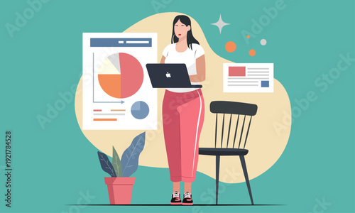 Minimalist Vector Illustration of a Young Woman Working Remotely on Laptop at Home Office Desk