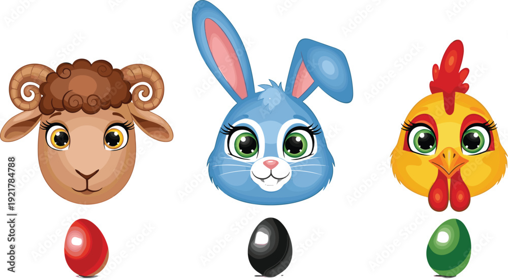 Obraz premium Cute Easter Animal Face Vector Set with Sheep, Bunny and Chicken Characters and Colorful Eggs Illustration