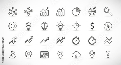 Collection of hand drawn business and finance icons on white background.