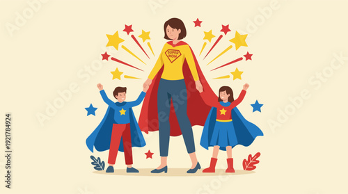 Super mom with two superhero children celebrates maternal strength and family bonding moments