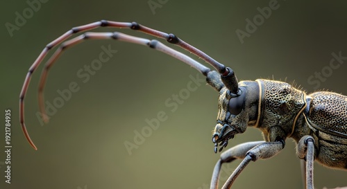 Macro Profile of a Longhorn Beetle with Extremely Long Antennae on a Blurred Background