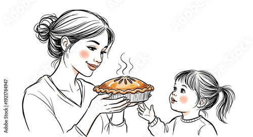 Woman and Child Holding Pie.