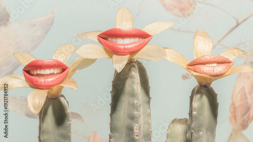 Surreal Cactus Plant with Smiling Lips and Teeth
