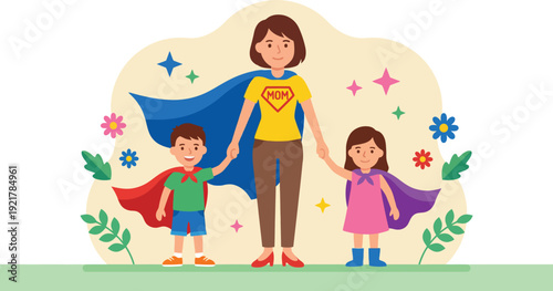 A proud superhero mom holding hands with her two happy children wearing capes.