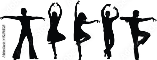 Dance silhouette illustration set, expressive dancer poses, artistic movement artwork, dynamic figure motif, vector collection for rhythm, performance, and activity themes