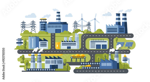 Integrated Industrial Landscape with Factories, Renewable Energy (Solar & Wind), Power Lines & Transport Network