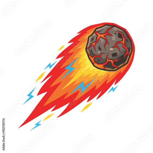 Powerful burning meteoroid falling with fire and lightning in deep outer space vector illustration.
