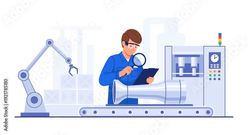 Industrial Quality Inspection: Engineer Checking Product on Automated Factory Production Line with Robotic Arm