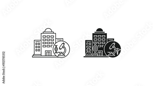 Cityscape with Globe Icon in Modern Line Art Style with Black and White Color Scheme on Simple Background for Business Infographics