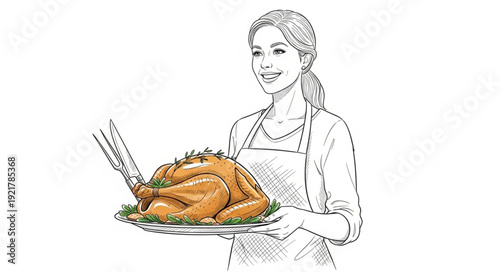 Woman Holding Roasted Turkey on Platter.