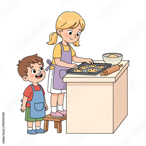 Young girl and boy baking delicious chocolate cookies together in the kitchen vector illustration.