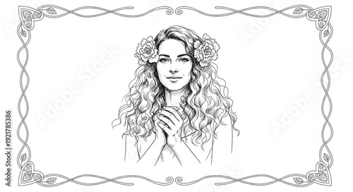 Woman Praying with Floral Crown Portrait.