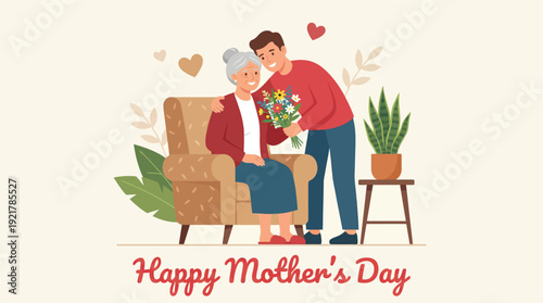 Young man happily gives a colorful bouquet of flowers to his smiling elderly mother